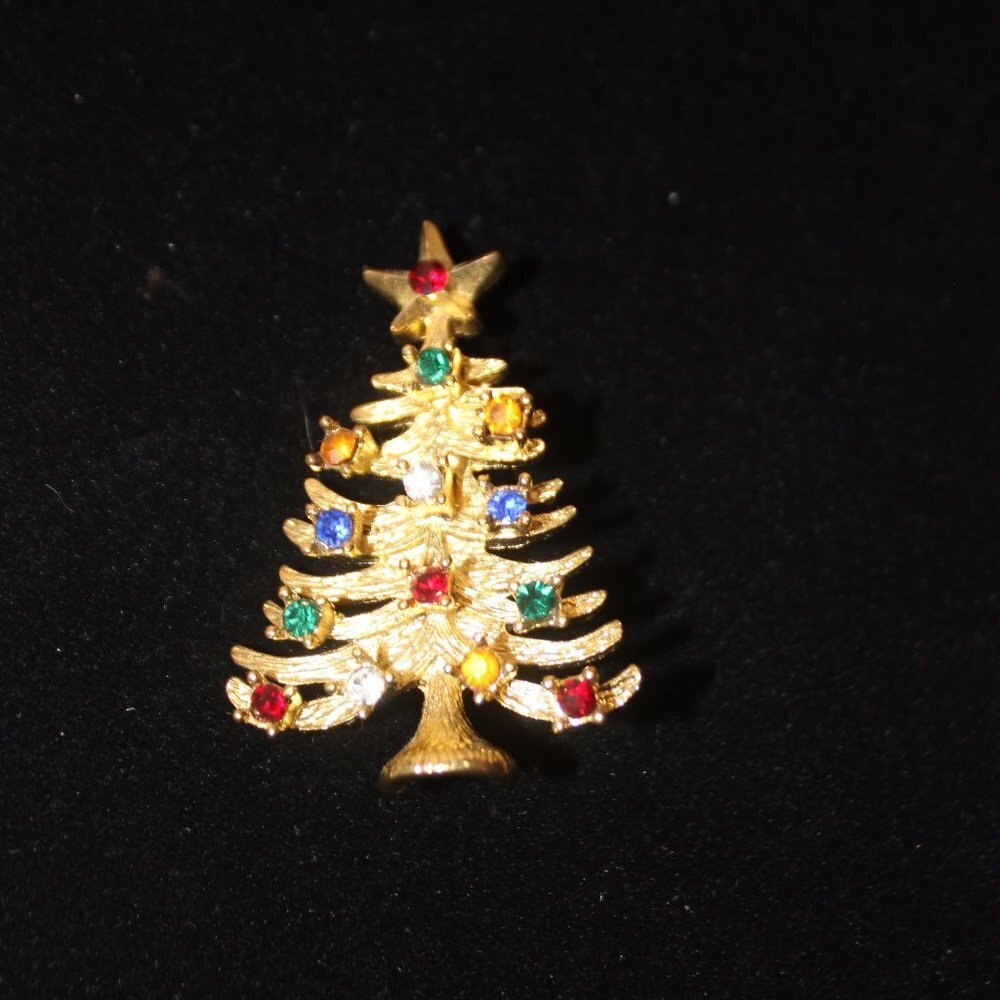 Multi-Color Rhinestone Gold Tone Christmas Tree Brooch/Pin - Picture 3 of 7